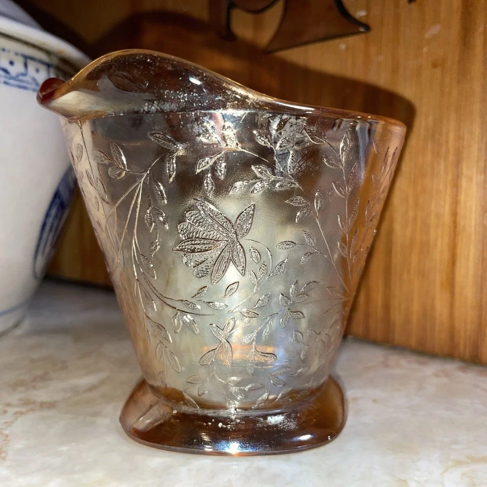 Vtg Jeannette Marigold Peach Floral Depression Carnival‎ Glass Creamer